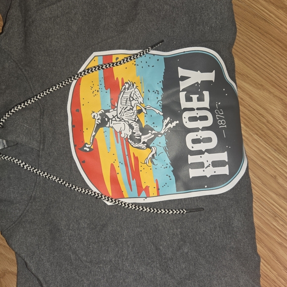 Hooey Charcoal Hoodie with Vibrant Striped Sleeves Large Womans - Picture 6 of 6